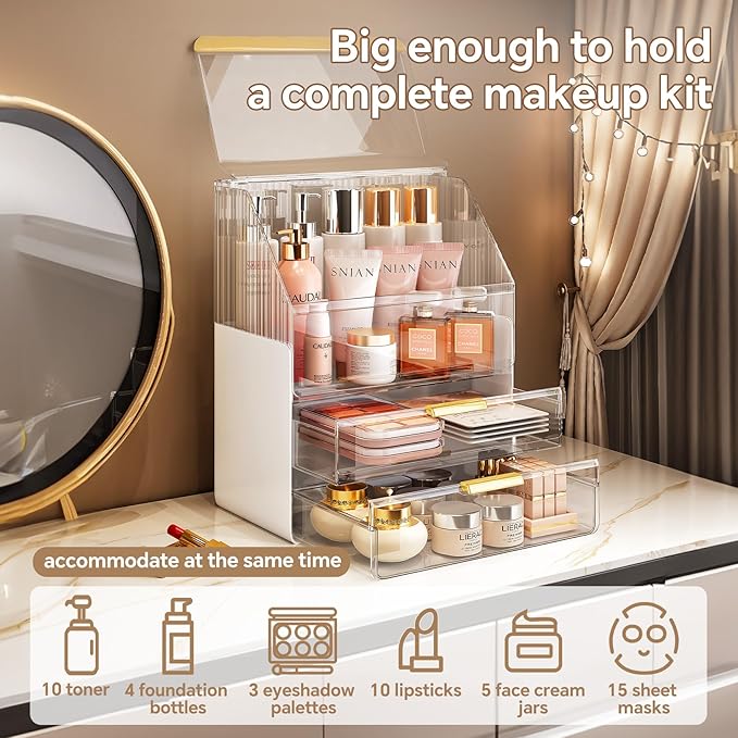 Makeup Organizer Countertop with Lid, Skincare Organizers for Vanity, 3 Tiers Clear Makeup Storage Cosmetic Display Cases Holder for Bedroom Bathroom Dresser Desk Countertop - Image 2