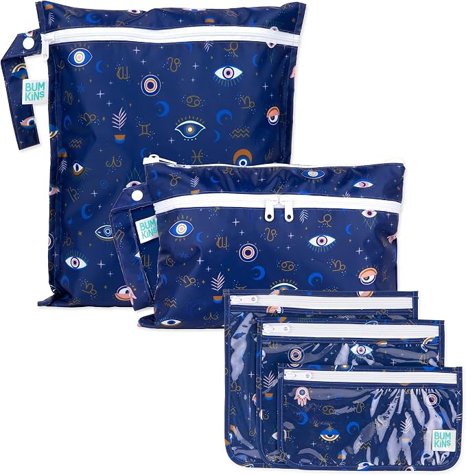 Bumkins - Waterproof Wet Bag, Wet/Dry Clutch & Clear Travel Bags - For Beach, Baby, Travel, Cloth Diapers, Pump Parts, Pool, Gym, Toiletries - Reusable & Easy to Clean - Evil Eye - 5 Pack by Bumkins