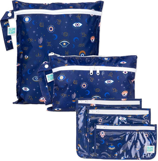 Bumkins - Waterproof Wet Bag, Wet/Dry Clutch & Clear Travel Bags - For Beach, Baby, Travel, Cloth Diapers, Pump Parts, Pool, Gym, Toiletries - Reusable & Easy to Clean - Evil Eye - 5 Pack by Bumkins