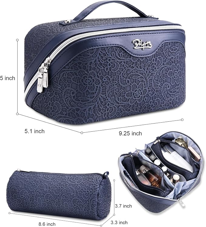 BOYATU Travel Makeup Bags Cosmetic Organizer Bag: 3 Pcs Set Large Capacity Make up Bag with Compartments - Waterproof Leather Toiletry Bags with Handle for Women (A-Dard Blue) - Image 5
