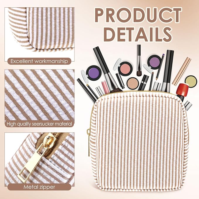 Sanwuta 6 Seersucker Cosmetic Bag Bulk Striped Makeup Bag for Women Aesthetic Cute Travel Toiletry Organizer Preppy Storage Pouch for Wedding Bridesmaid Mother's Day Teacher Gift (Small,Khaki) - Image 3