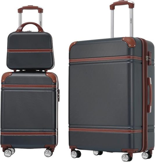 Merax Luggage Set 2 Piece Suitcase Set with Cosmetic Case Expandable Spinner Wheels Vintage Luggage Sets(Black,20"+28") by Merax