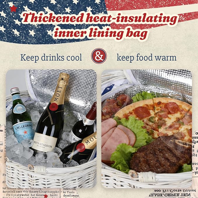 Wicker Picnic Basket with Insulated Lined Bag 15“ x 11” x 7“ Red, White,Blue Star Stripe Pattern, Iced Beer Insulated Bag for Camping, Picnics, Birthday Gifts, Wedding Gifts - Image 8