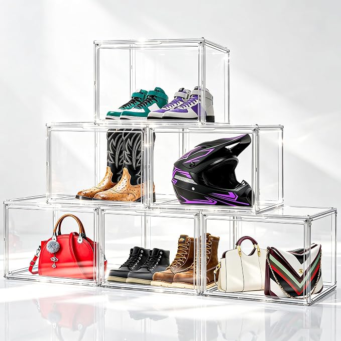 XXX-Large Extra Large Acrylic Display Case 17.3'' x 13'' x 13'' Transparent Sneaker Shoe Organizer Clear Plastic Stackable Boot & Shoe Boxes Large Showcase for Helmet, Handbag, Figures Collectibles by EZJOB