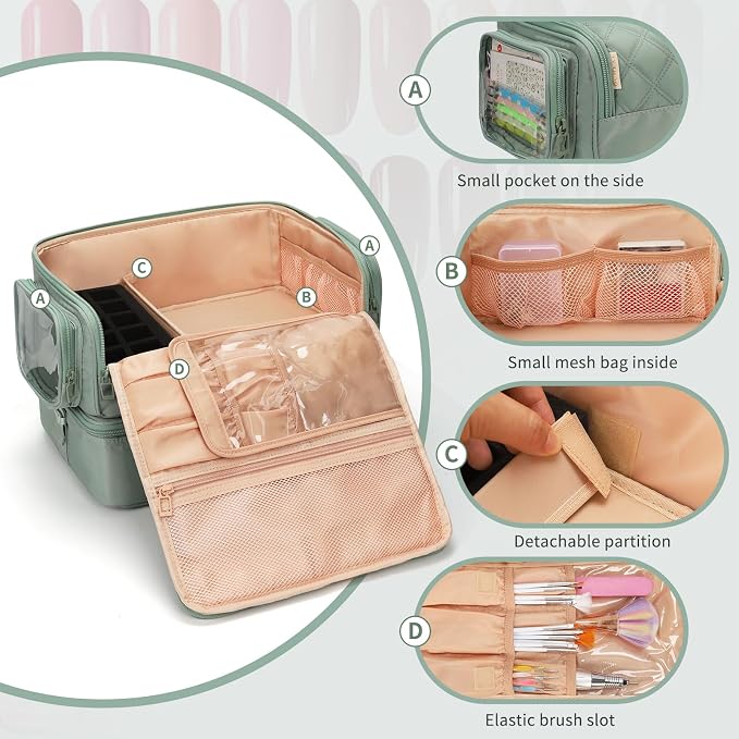 OCHEAL Nail Polish Organizer, Holds Nail Lamp and 45+ Bottles 2-in-1 Nail Polish Storage Case,Detachable Nail Techs Gel Kit Supplies Carring Bag for Manicurist Tools 45-Slot Nail Holder-Green - Image 4