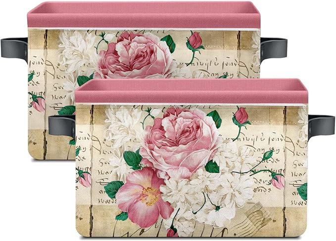 Vintage Rose Floral Foldable Baskets Storage Bins with Handles, Decorative Cloth Organizer Storage Boxes 2 sets - Image 2
