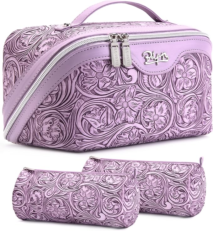 BOYATU Travel Makeup Bags Cosmetic Organizer Bag: 3 Pcs Set Large Capacity Floral Make up Bag with Compartments - Waterproof Leather Toiletry Bags with Handle for Women (21-Purple) by BOYATU