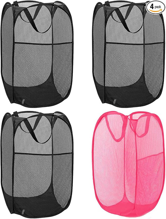 4Pcs Pop Up Laundry Hamper – Large 70L Collapsible Mesh Basket for Home, College Dorm & Apartment, Foldable Lightweight Hamper with Handles & Side Pocket (3 Black + 1 Pink) by YETHAN