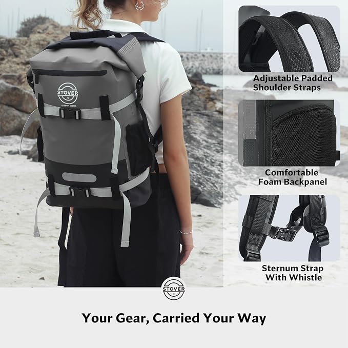 STOVER 30/40/55L Waterproof Dry Backpack & Phone Case- X-Large Floating Dry Bag for Kayaking, Travel, Hiking, Fishing, Camping, Motorcycles & Beach, Heavy-Duty Roll Top Men/Women (Grey) - Image 5