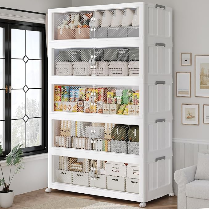 200Gal/800QT 5-Tiers Extra Large Stackable Storage Bins with Lid, Collapsible Cabinet Closet Organizer Plastic Container Box with Wheels Doors Drawers for Office Dorm Kitchen, White by Unknown
