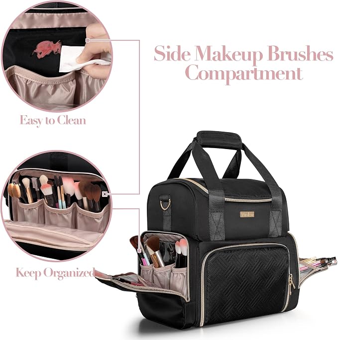 Large Cosmetic Bag, Double Layer Travel Makeup Organizer, Black | Makeup Bag with 3 Removable Cases, Inner Dividers & Brushes Storage Pockets, Cosmetic Storage Case Fits Beauty Essentials - Image 4