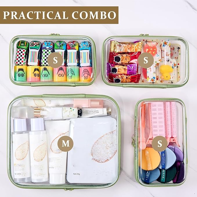 4 pcs Clear Zipper Pouches,Hard Shell Zipper Case,Toiletry Bag for Travel | CLear Diaper Bag, Toiletry Pouch, Travel Organizer, Cosmetic Bag,Toy Storage Bins (M+3S) (Mint Green) - Image 3
