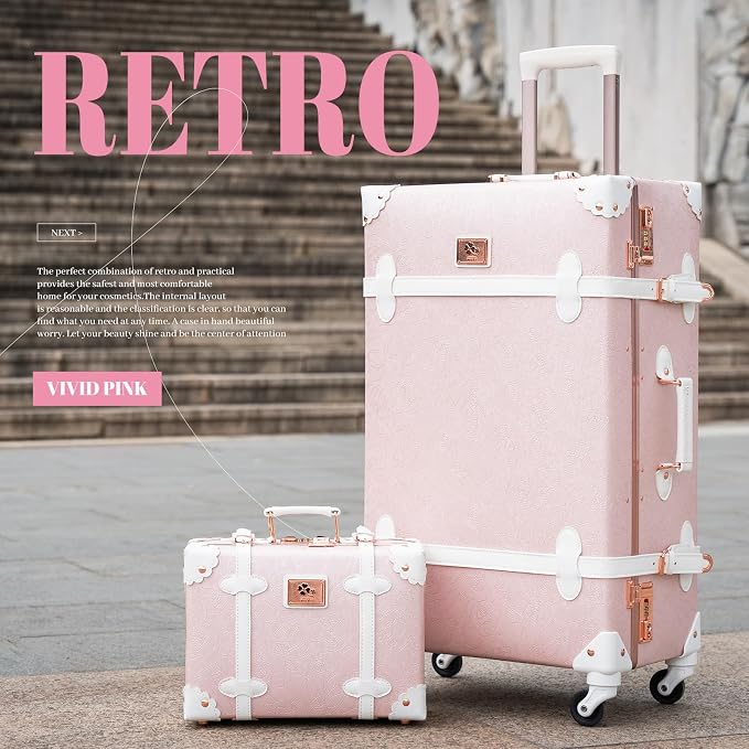 urecity 26" Vintage Luggage Set, 2 Piece Elegant Pink Retro Checked Suitcase with Cosmetic Case, Luxury Vegan Leather Aluminum Frame Spinner Trunk for Women (with Protective Clear Cover) - Image 2