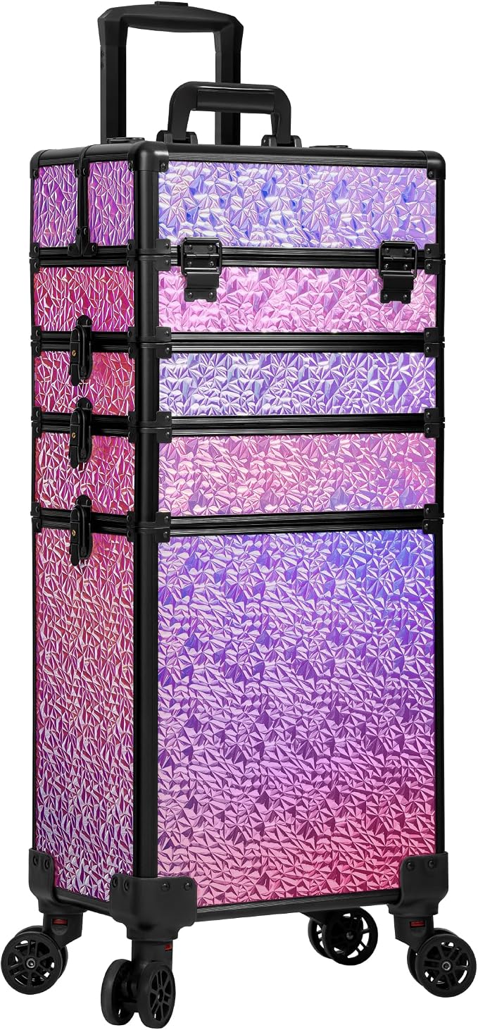 Rolling Makeup Train Case with Lid Cosmetology Case on Wheels | 5 in 1 Large Cosmetic Trolley Organizer Travel for Hairstylist Artist Nail Beauty Salon Barber Cart Trunk, Gravel Pink - Image 8
