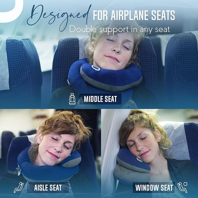BCOZZY Travel Neck Pillow for Airplane – Patented Double Support for Head, Neck, and Chin. Best for Long Flights, Plane Sleeping & Car Rides. Adjustable Size. Fully Washable. Carry Bag. X-Large, Black - Image 3