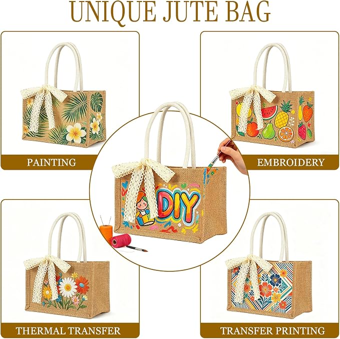 Burlap Tote Bag Set with Ribbon, Reusable Blank Water Resistant Grocery Bags - Image 4