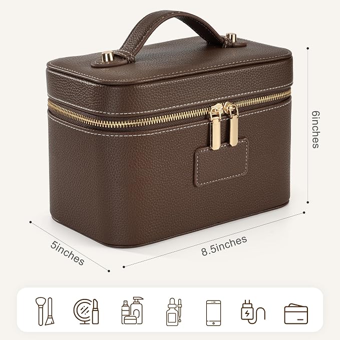 Makeup Bag Travel Toiletry Leather Cosmetic Case, Waterproof Makeup Organizer with Brush Holder, Wipe Clean Removable Divider Vanity Train Bag for Women, Coffe - Image 3