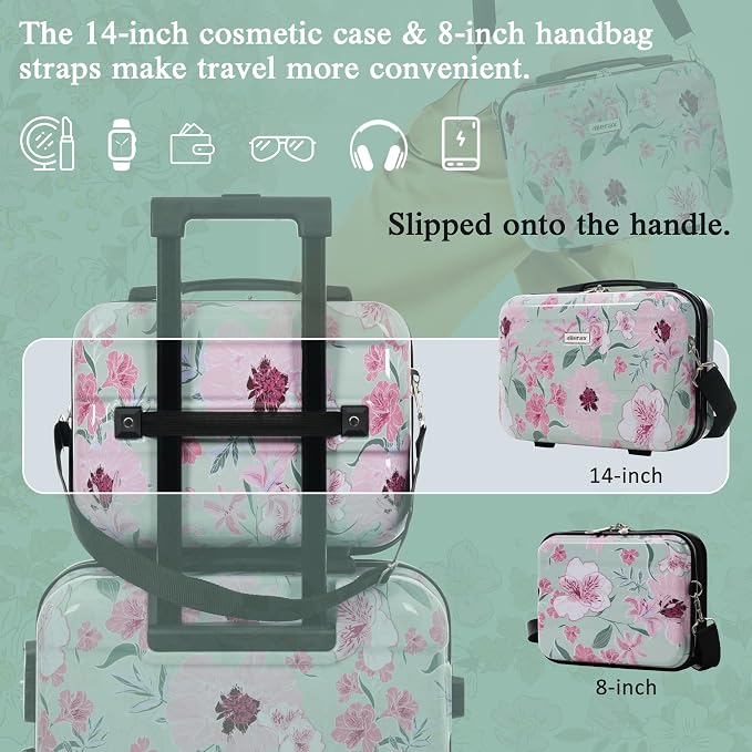 Merax Luggage Set,5 Piece Luggage with Handbag and Cosmetic Case | Hardside Printing Suitcase with Wheels,Carry on Luggage Airline Approved(Green Pink Flower,8/14/20/24/28) - Image 4