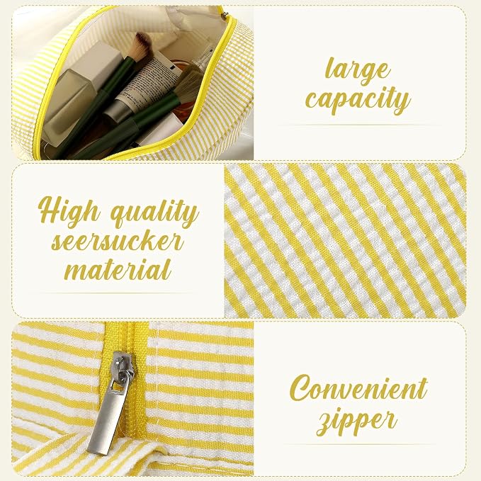 Sanwuta 6 Seersucker Cosmetic Bag Bulk Striped Makeup Bag for Women Aesthetic Cute Travel Toiletry Organizer Preppy Storage Pouch for Wedding Bridesmaid Mother's Day Teacher Gift (Large,Yellow) - Image 3