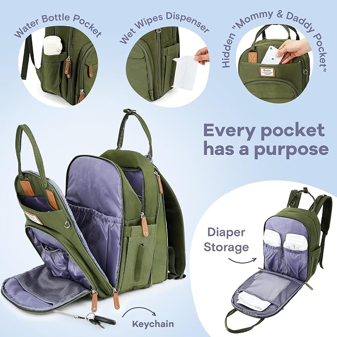 RUVALINO Diaper Bag Backpack-Expandable Baby Bag with up to 50% Capacity -Baby Essentials Bag with Changing Pad Insulated Bottle Holders & Pacifier Case, Waterproof, Army Green XL - Image 3