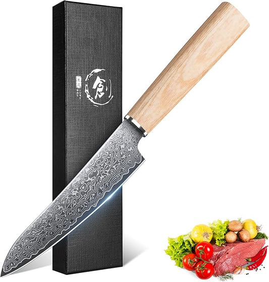 ROCOCO Damascus Japanese Utility Knife - Sharp Fruit Paring Knives Meat Cleaver for Home Kitchen BBQ 5.3"