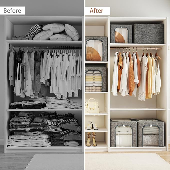 GoMaihe Clothes Storage Bins with Metal Frame, 4-Pack Closet Storage Bins with Lid & Clear Window, Sweater Boxes Organizer for Closet, Clothing Storage, Cationic Fabric 40L - Image 8