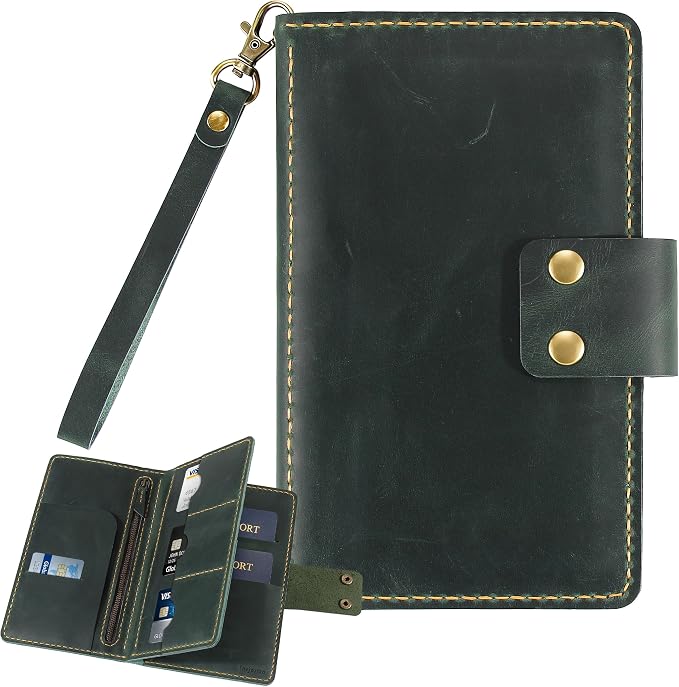 Handmade Genuine Leather Family Passport Holder | Travel Document Organizer Holds 4 Passports | Vintage Wristlet Wallet with Credit Card Slots (Green) by Fasjosma