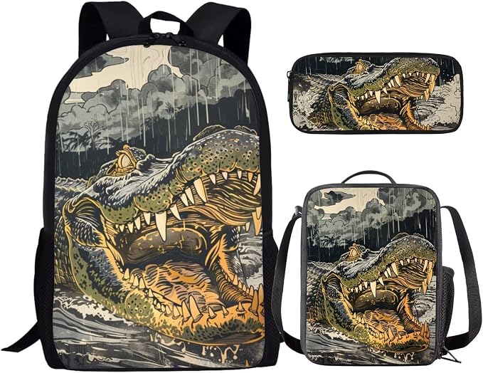 17 Inch Animal Print School Backpack And Lunch Box Set for Kids Lightweight Angry Alligator Backpack for Boys Girls Sturdy School Bag with Insulated Lunchbox Pencil Case Student Bookbag by Parprinty