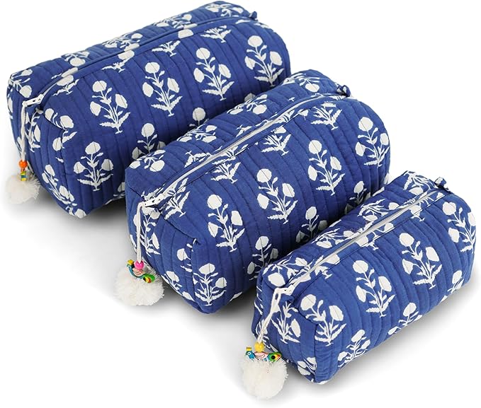 Saffron Marigold Quilted Makeup Bag Set of 3, Hand Block Printed Cotton Cosmetic Bags for Women, Waterproof Lined Travel Toiletry Bag, Coquette Floral Aesthetic, Handmade Gift, Fleur De Nuit by SaffronMarigold