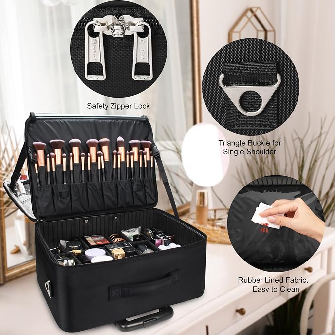 MONSTINA Rolling Makeup Train Case, Cosmetology Case on Wheels Makeup Artist Bag Professional Cosmetics Beauty Hairdresser Bag Hairstylist Cosmetic Bag with 4 Bags Extra Large Makeup Bag with Wheels - Image 8