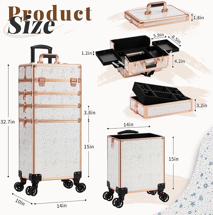 AROUS Rolling Makeup Train Case 5 in 1 Cosmetology Case on Wheels Large Cosmetic Organizer Travel Cart for Hairstylist Artist Nail Beauty Salon Barber,White - Image 3