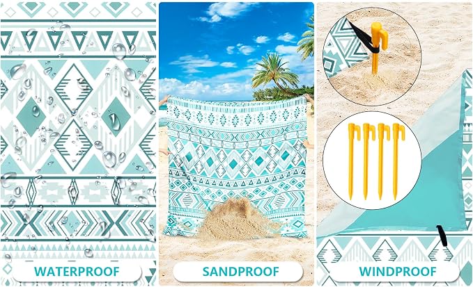HIHOHO Beach Blanket Waterproof Sandproof Beach Mat for 1-8 Adults Quick Drying Durable Outdoor Picnic Mat for Beach Festival Travel Camping Hiking (Vintage-Green, 79"×83"(4 Person)) - Image 5