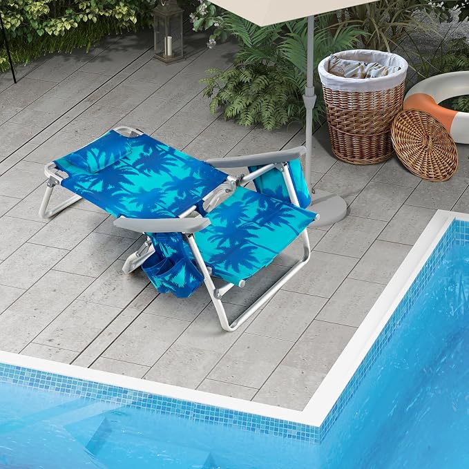 Giantex Folding Beach Chair, Patio Sling Chairs with 5 Adjustable Position, Head Pillow, Storage Bag, Towel Bar, Cup Holders, Backpack Chairs for Sunbathing, Camping Chair - Image 5