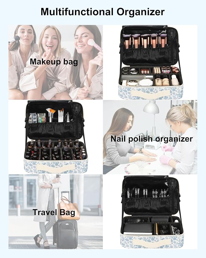 Relavel Large Makeup Bag, Cute Cosmetic Bags for Women and Girls Travel Makeup Organizer Bag Train Case 13.8 inches Makeup Brush Holder and Storage with Adjustable Dividers, Floral Print - Image 7
