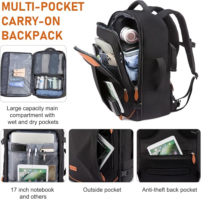 LOVEVOOK Carry on Backpack, 40L Travel Backpack for Women Men Airline Approved, Expandable Large Suitcase Backpacks With 4 Packing Cubes, Aer Travel Pack 3, Water Resistant Weekender Bag - Image 4