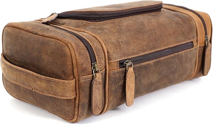 ELIZO Real Leather Toiletry Bag for Men - Extra Large Hanging Travel Organizer for Toiletries, Ideal for Dopp Kit & Shaving Kit for Men, Essential Mens Travel Toiletry Bag for Toiletries (Grizzly) by Elizo