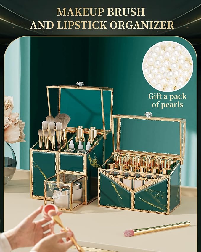 CoralHouse Makeup Organizer Countertop Set – Vanity Holder with 18-Slot Lipstick Organizer & Covered Makeup Brush Holder – Skincare, Perfume & Cosmetic Display for Bathroom or Dresser - Image 3