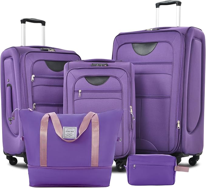 Merax Softside Luggage Set Lightweight 3 Piece Suitcase with Duffel Bag | Expandable Upright Travel Spinner Luggage 22" 26" 30",Purple by Merax