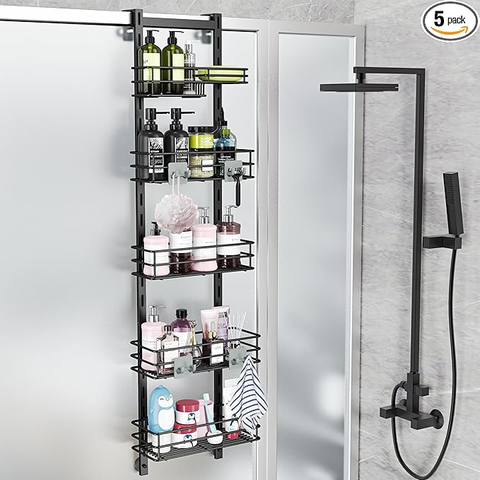 Orimade Over the Door Shower Caddy Adjustable 5 Tier Black,Bathroom Hanging Organizer Shelf Rustproof with 4 Hooks,Shower Basket with Soap Holder and Suction Cup by Orimade