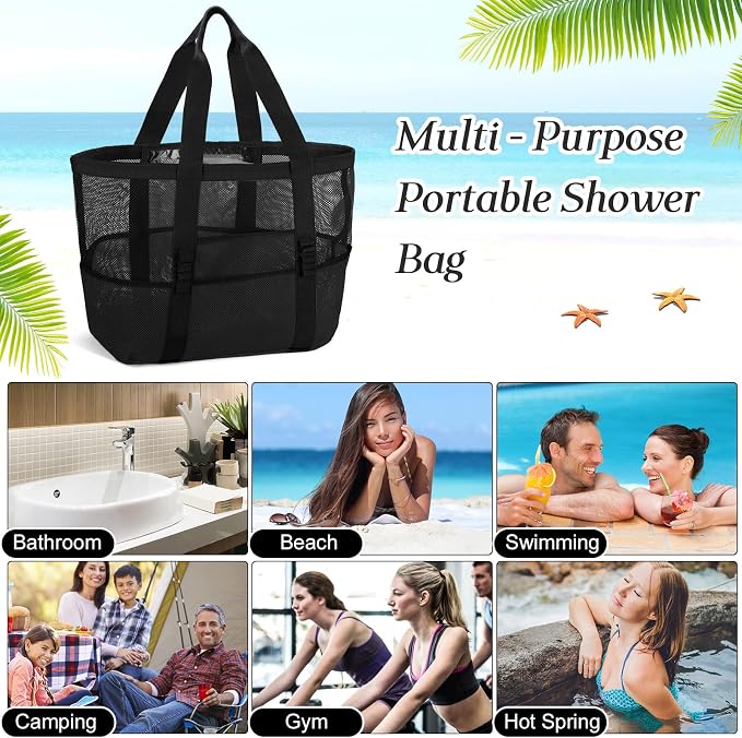 Hillban Large Beach Mesh Bags Bulk for Women Beach Tote Bag with 8 Pocket Zipper Waterproof Sandproof for Pool Cruise Ship - Image 7
