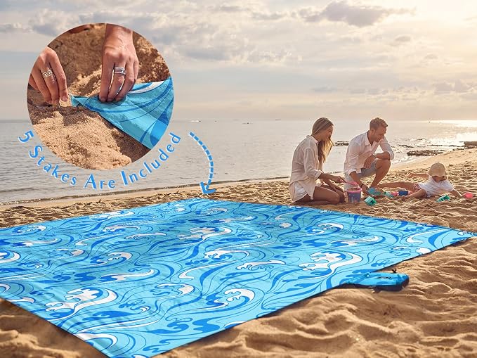 WEKAPO Beach Blanket Waterproof Sandproof Oversized Extra Large Sand Free Beach Mat with Stakes, Storage Bag - Essentials for Outdoor Beach, Picnic (Blue Ocean Waves, 11 X 9 FT (1~10 Person)) - Image 6