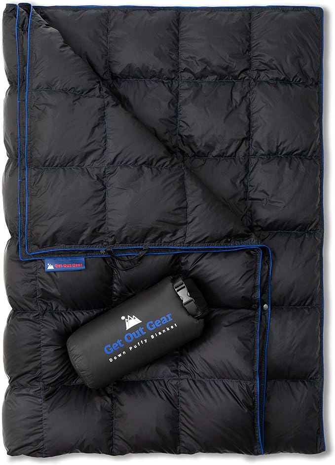 Get Out Gear Down Camping Blanket - Puffy, Packable, Lightweight and Warm | Ideal for Outdoors, Travel, Stadium, Festivals, Beach, Hammock | 650 Fill Power Water-Resistant Backpacking Quilt by Get+Out+Gear