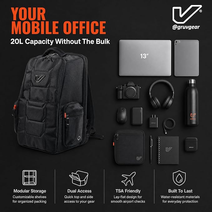 Gruv Gear Travel Laptop Backpack, 20L Black Tech Backpack with Modular Storage Shelves, Dual Access Pockets & TSA-Friendly Design, Compact Carry-On Backpack for Work, Travel & Everyday Carry - Image 7