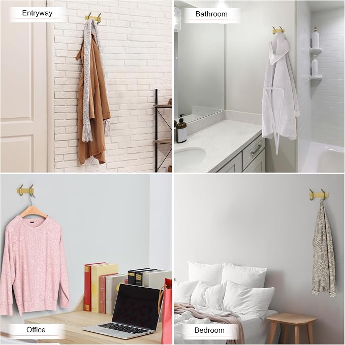 Brushed Gold Small Coat Rack Wall Mount – 6 Inch Stainless Steel Rail with 2 Double Coat Hooks for Entryway, Bathroom, Bedroom, Kitchen – Modern Gold Hook Rack for Coats, Hats, Towels - 2 Pack - Image 6