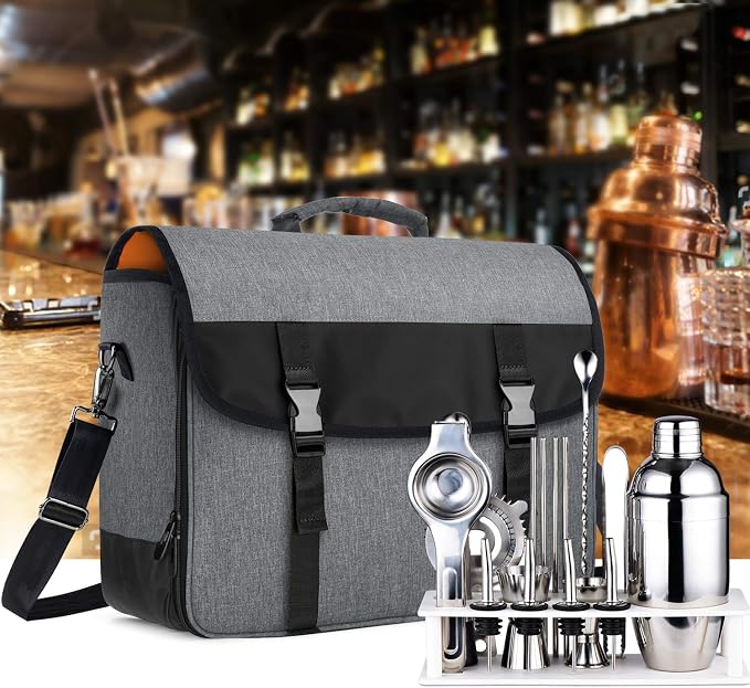 CURMIO Bartender Bag, Travel Bag for Bar Tools Set, Bartender Kits Storage with Padded Compartments for Wine Bottles, for Home Indoor Outdoor Patio Party, Gray (Bag ONLY) - Image 7