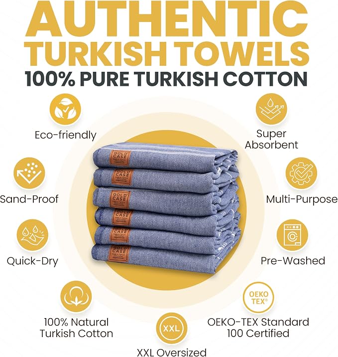 Gold CASE LYCIA Turkish Beach Towel Set of 6 – 100% Cotton Turkish Beach Towels Bulk 70 x 38'' – LYCIA Oversized, Quick Dry & Sand Free Beach Towel – Lightweight Towels Set in Navy Blue - Image 4