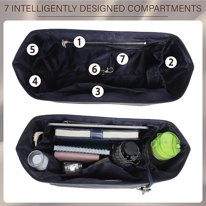 DOXO Purse Organizer Insert for Longchamp Le Pliage Medium, 6-Compartment Bag Organizer with YKK Zipper Pocket, Cup Holder, Key Chain, Waterproof DupontPaper Lightweight Handbag Shaper (Black Blue,M) - Image 4
