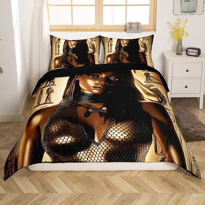 Erosebridal Cleopatra Bedding Full Size Ancient Egyptian Pattern Decor Bedding Duvet Cover Mummy Decor Exotic Tribe Style Soft Breathable Microfiber Comforter Cover for Adult Teens Kids Quilt Cover - Image 4