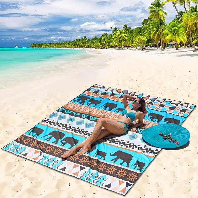 HIHOHO Beach Blanket Waterproof Sandproof Beach Mat for 1-8 Adults Quick Drying Durable Outdoor Picnic Mat for Beach Festival Travel Camping Hiking (Elephant-GN, 79"×83"(4 Person)) - Image 2