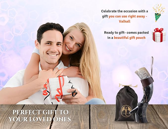 OLDEMPEROR Viking Drinking Horn - 12 Inch with Viking Compass Engraved & Leather Holster | Handmade Beer Cup | Food Grade | Unique Genuine Ox Horn| Natural Shine Finish| Viking Gift for Men & Women